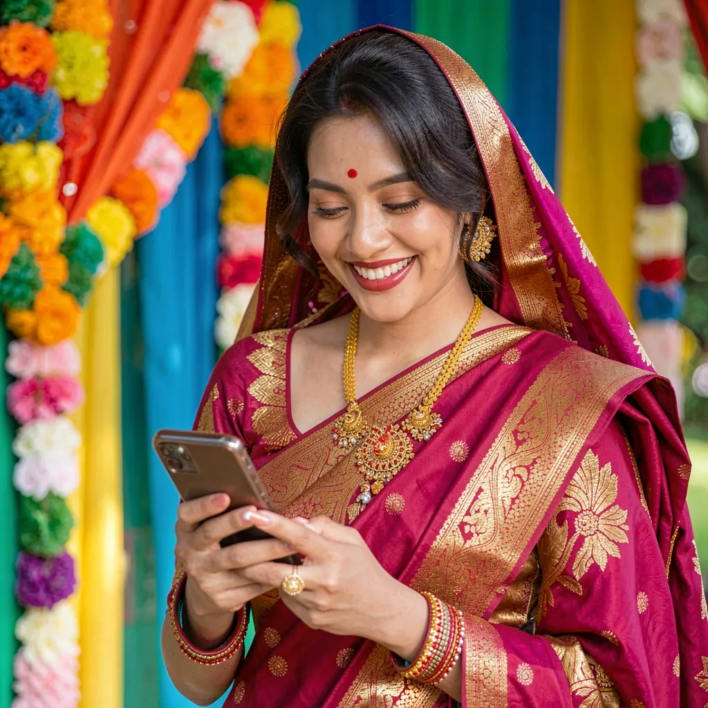 77GO App – Enjoy fast and convenient casino access anytime in Malaysia Happy Malaysian woman in a stylish traditional outfit using the 77GO app on her smartphone with colorful city lights behind her