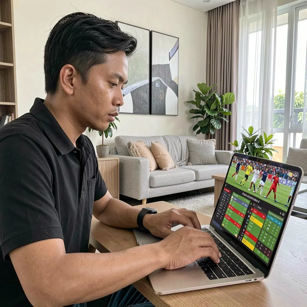 77GO Bet – Place smart and informed sports bets in Malaysia Experienced sports bettor analyzing live soccer odds and match statistics on a laptop using the 77GO betting platform in Malaysia